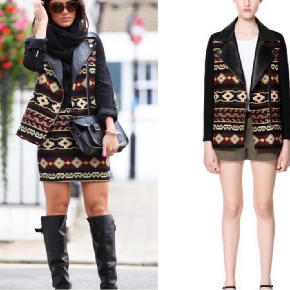 NWOT Zara Embroidered Aztec Tribal Moto Leather Trim Jacquard Jacket Size Medium - Picture 2 of 16
